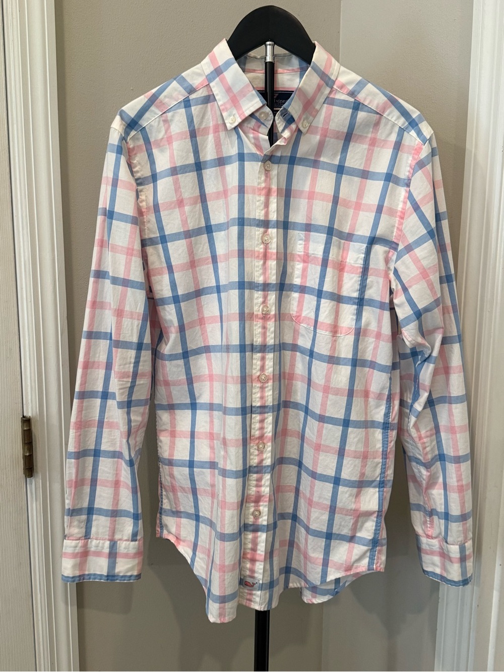 Men's Vineyard Vines White Button-Down Plaid Shirt with Blue & Pink Windowpane